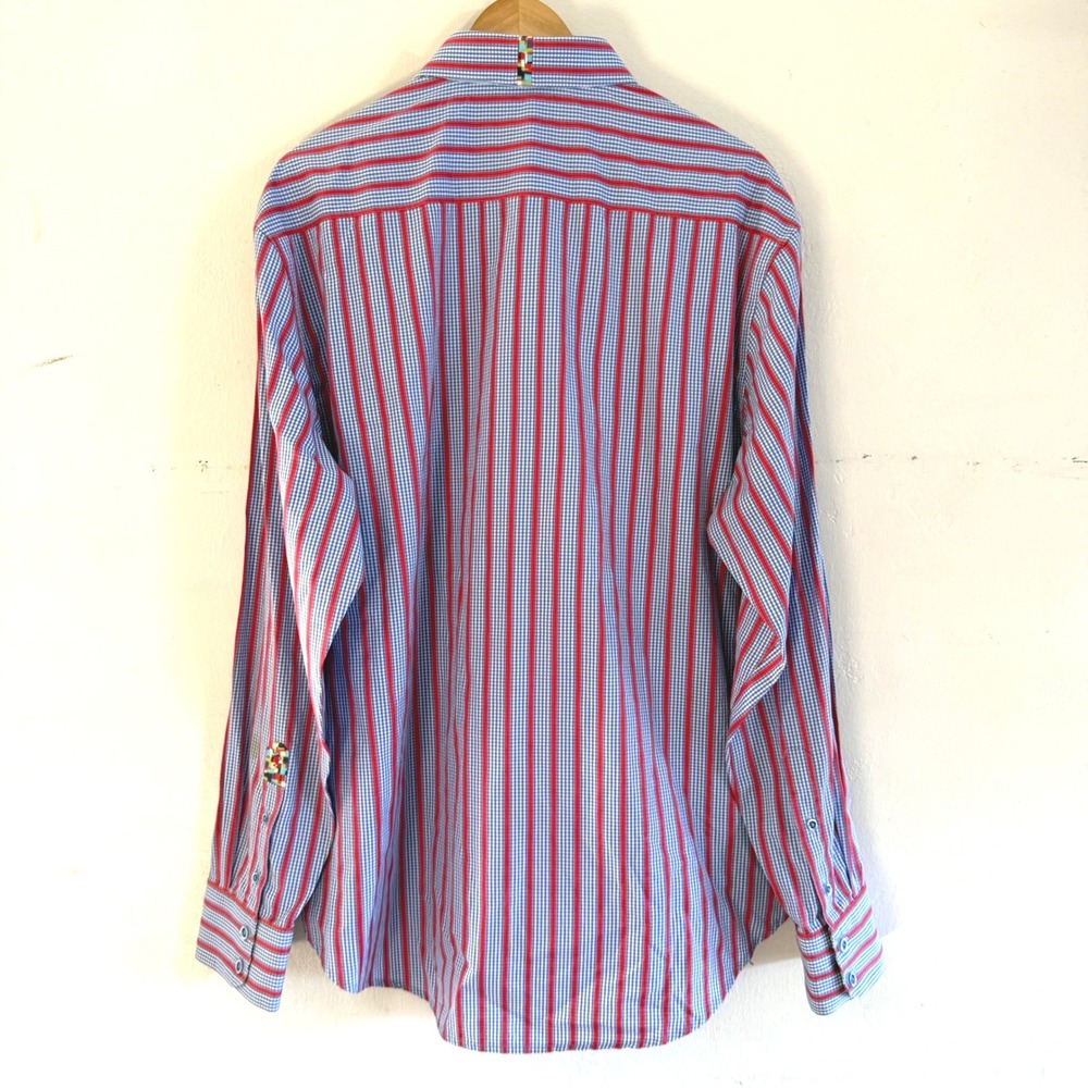 Robert Graham Tailored Fit Striped Gingham Button Down Shirt Mens 2XL Red Blue - Picture 2 of 9